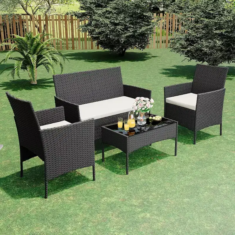 4 Piece Outdoor Patio Furniture Sets,Wicker Rattan Conversation Sets, Bistro Patio Set with 2 Chairs,Soft Cushion,Loveseat and 1 Glass Coffee Table