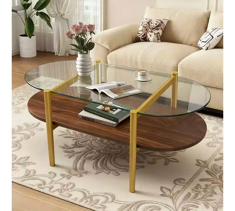 Oval Shaped Glass Coffee Table with Double Layer, Tempered Glass Top and MDF Shelf for Living Room