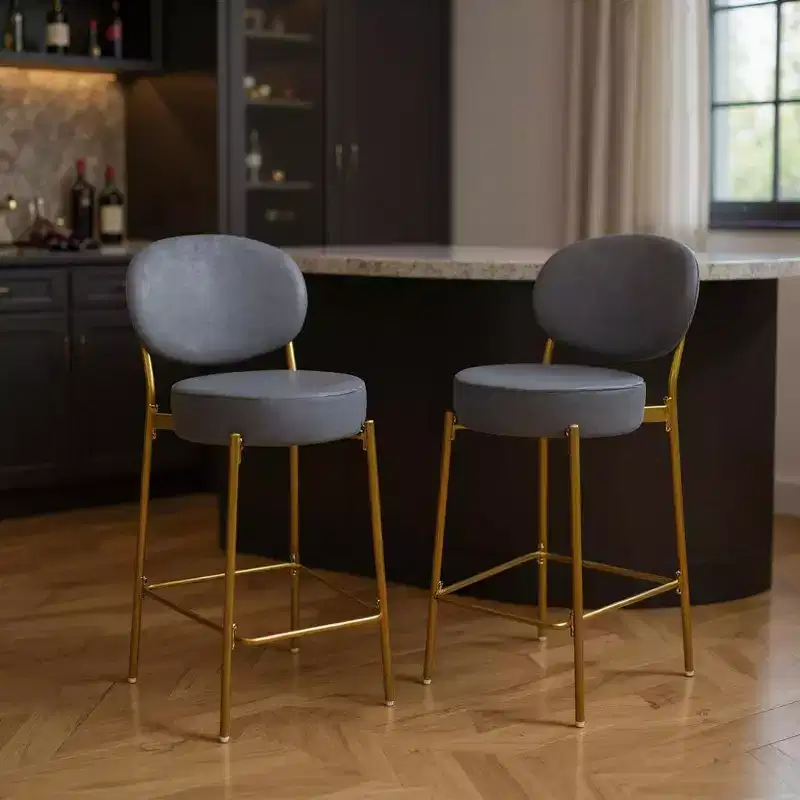 HomeRoots Set of Two 29 Gray and Gold Velvet and Metal Low Back Bar Height Bar Chairs