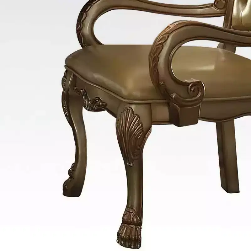 Set of 2 PU Upholstered Dining Armchairs – Bone White & Gold Patina, Button Tufted, Nailhead Trim