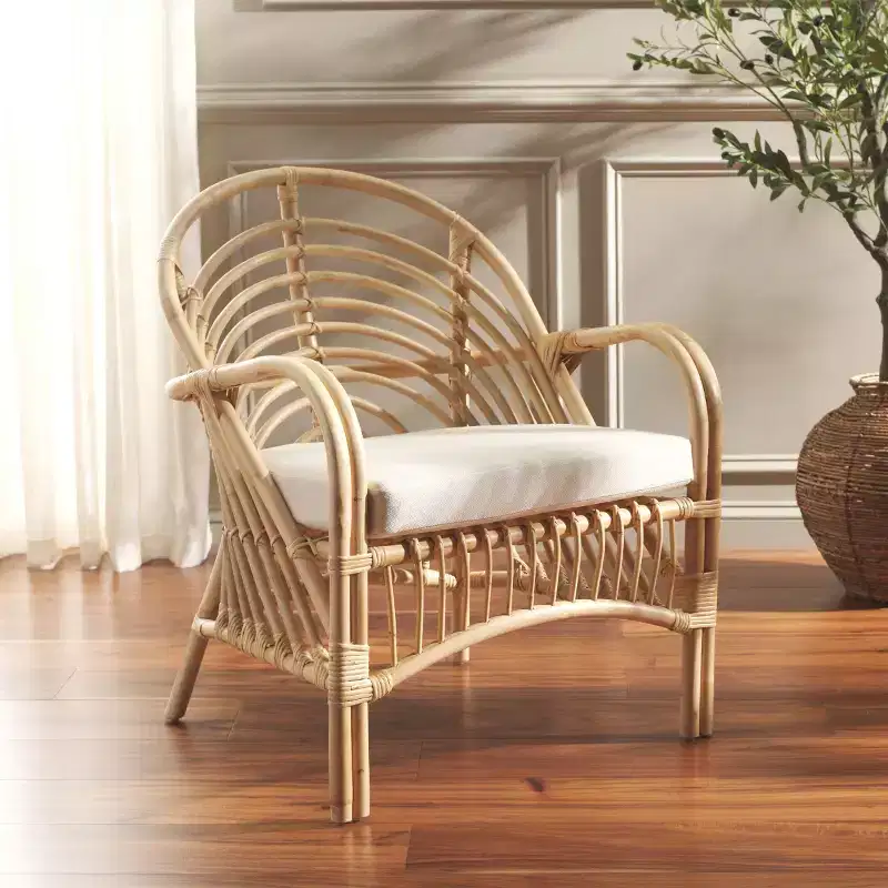 Rattan Accent Chair with Removable Cushion & Wood Frame
