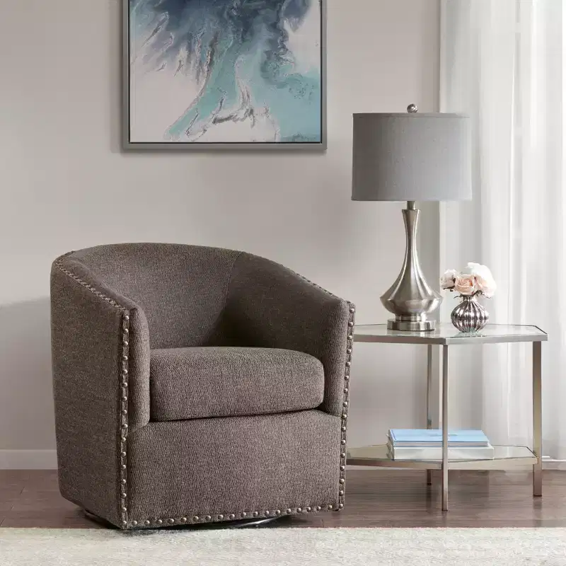 Swivel Lounge Chair with High-Density Foam Cushion and Bronze Nailhead Trim