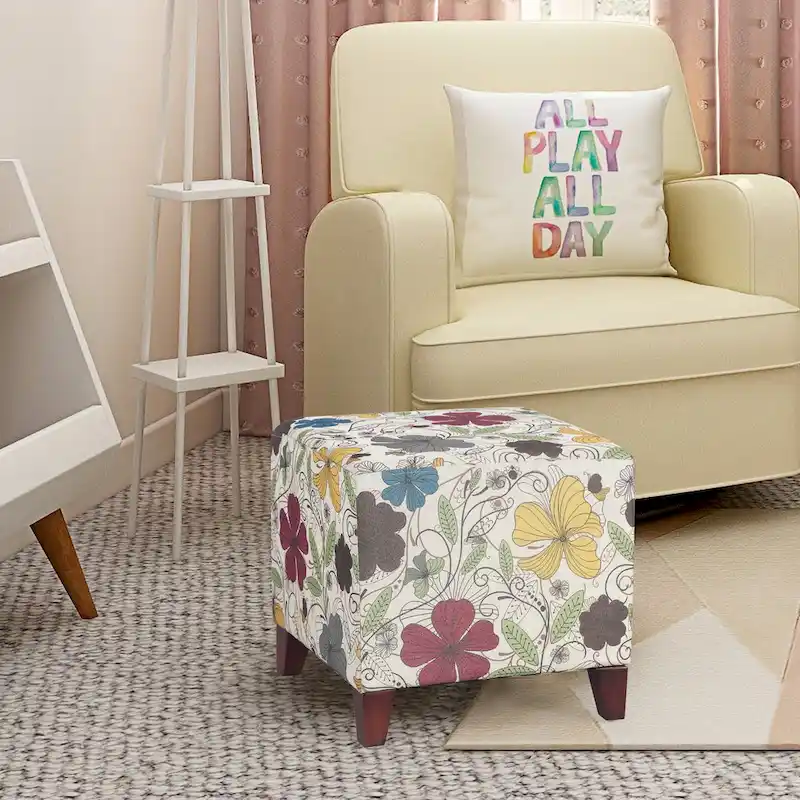 16.3-Inch Cube Ottoman Footrest Stool, Medium Size, Multicolor Upholstered