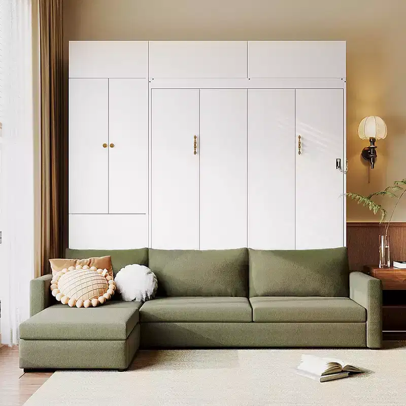 Queen Murphy Wall Bed with Beige Sofa and Shelves, Green Panel