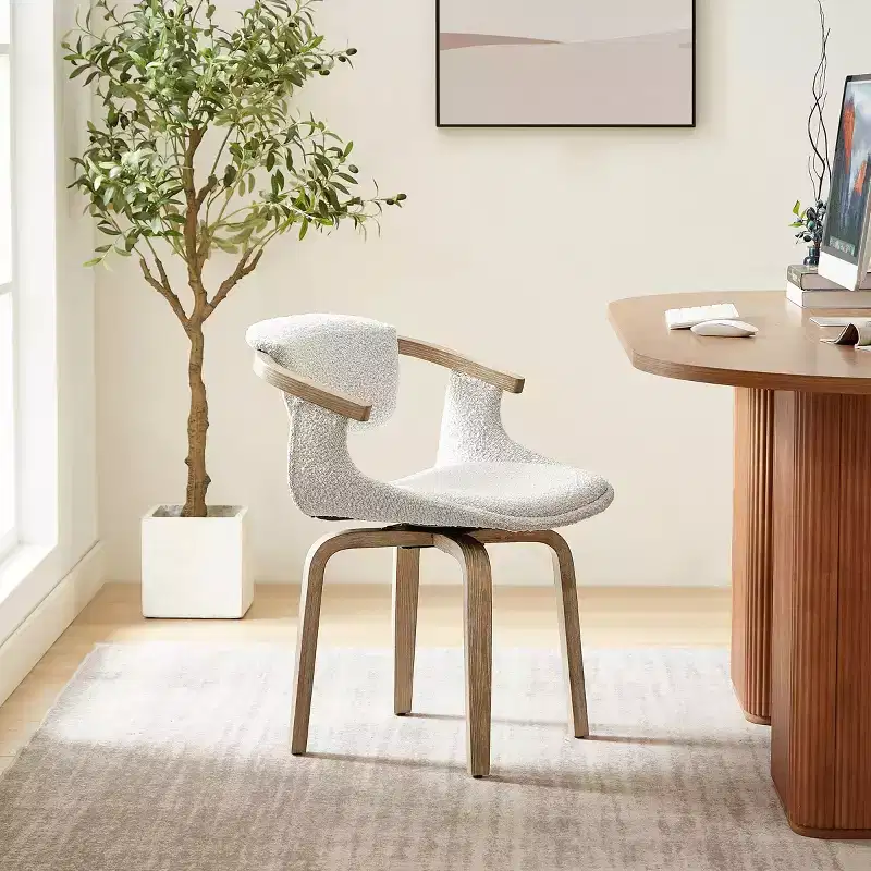 White Boucle Fabric Swivel Dining Chair with Arms, Seats 1