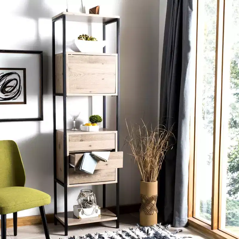 Oak and Black Iron Etagere Bookshelf with 3 Shelves, 3 Drawers and Door