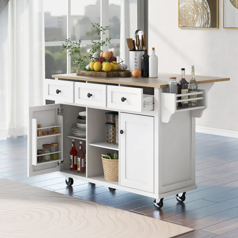 Oaks Aura 5-wheel White Kitchen Cart, Rubberwood Drop-Leaf Countertop, Internal storage racks, 3-drawer Storage Cabinet