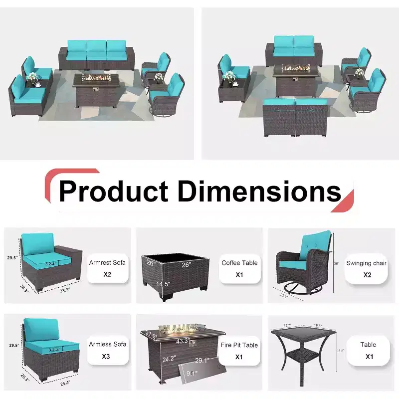 ALAULM 10 Pieces Patio Furniture Set, Rattan Wicker Outdoor Conversation Sets w/43Propane Fire Pit Table, Swivel Rocking Chairs