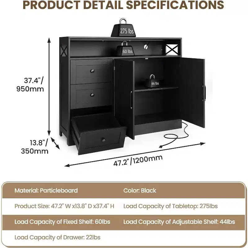 47 Inch Farmhouse Sideboard Buffet Cabinet with Built-in Power Outlet – 3 Drawers & 2 Barn Doors