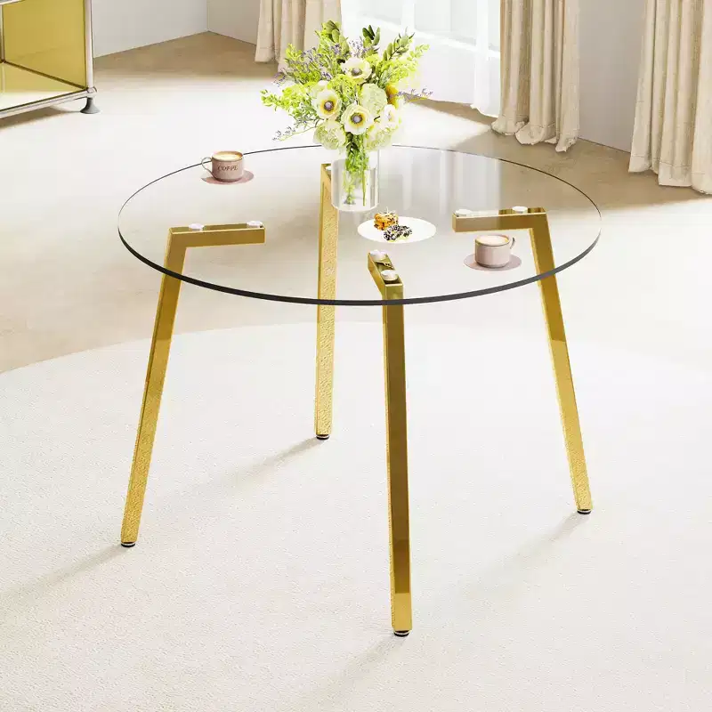 Modern Round Dining Table with Tempered Glass Top and Metal Legs for Dining Room