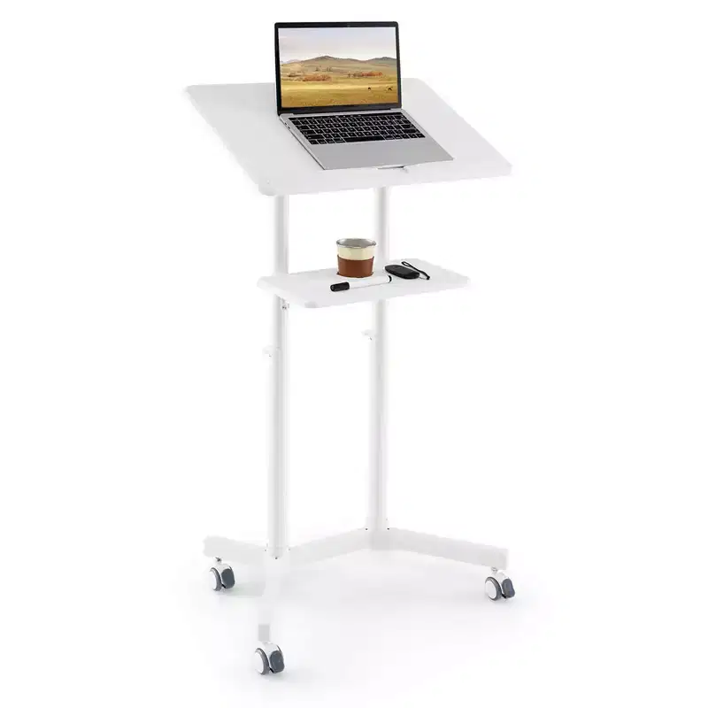 Costway 1/2 PCS Mobile Lectern Podium with Tilting Top Storage Tray Lockable Casters White