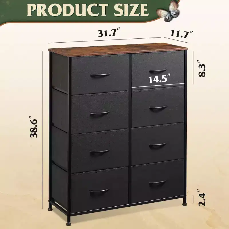 Dresser Tower with 8 Drawers  Tall Fabric Storage Organizer for Bedroom, Closet, Dorm & Hallway  Double Chest Unit, Black and Rustic Brown