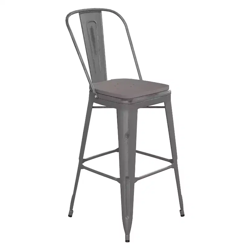Emma and Oliver Clear Coated Metal Stool with Backrest and Polyresin Seat for Indoor Use Only