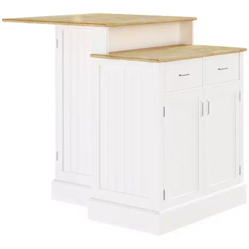 with Storage Cabinet and 2-Level Rubber Wood Tabletop, Island Table with Adjustable Shelves and Drawers, White