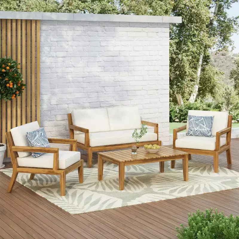 Christopher Knight Home Rossville Outdoor Acacia Wood 4 Seater Chat Set with Cushions, Teak/Beige