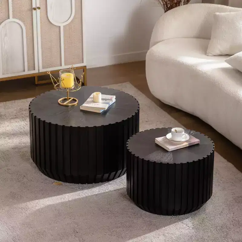 GDFStudio Peregrine Modern 2 Piece Fluted Wooden Round Coffee Table Set