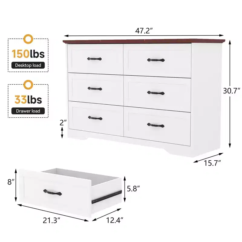 Farmhouse Wooden Chest of Drawers  Tall Dresser with Wide Metal Handles, Storage for Bedroom & Living Room