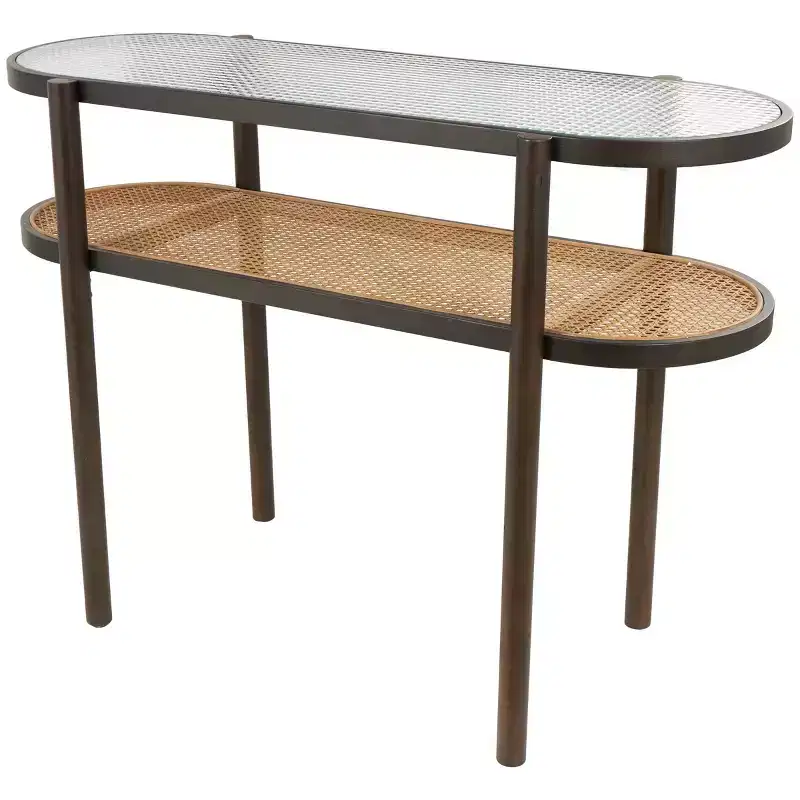 Rattan Console Table with Tempered Glass Top Brown | Farmhouse Style