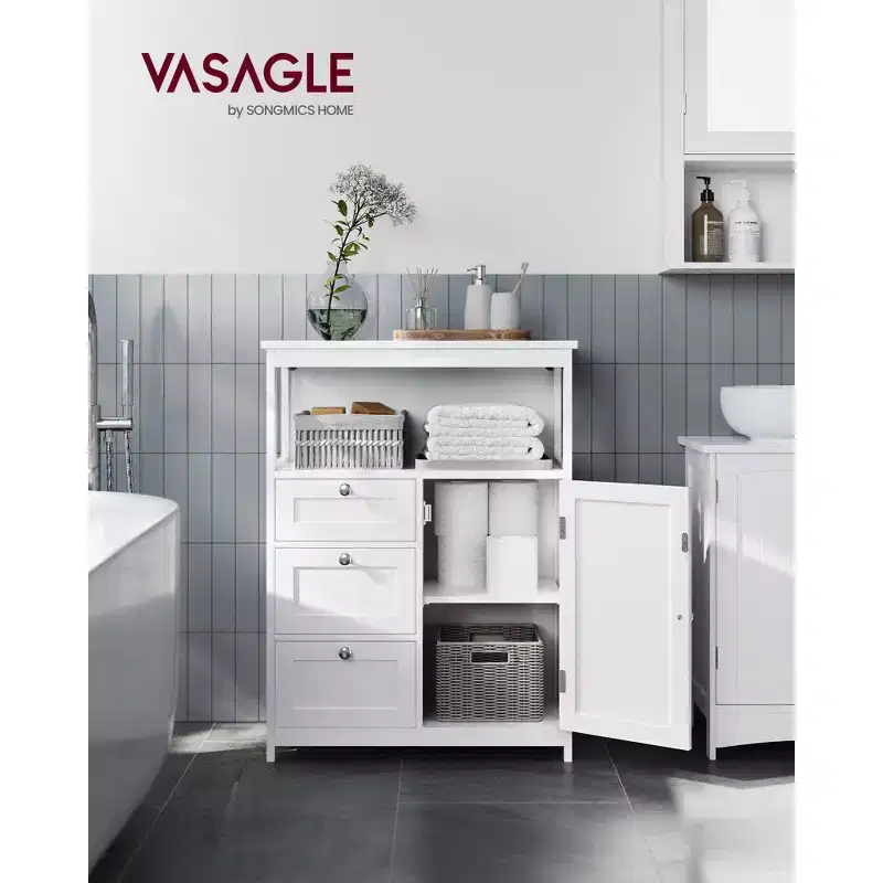 VASAGLE Floor Storage Cabinet, Storage Unit with 3 Drawers, Cabinet Freestanding, Adjustable Shelf ,White