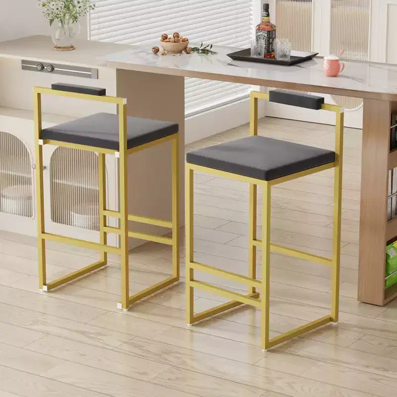 MAYEERTY Set of 2 Counter Height Bar Stools With Backrest Footrest Velvet Upholstered for Kitchen Island Gold Gray