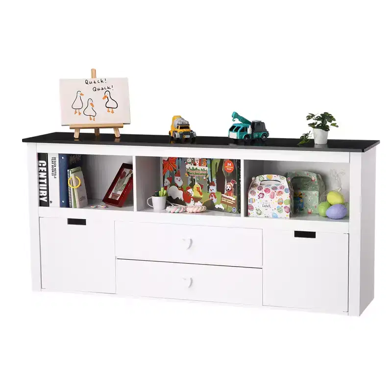3-Tier Toy Storage Organizer, Wooden Storage Organizer Kids Bookshelf with 2 Drawers and 3 Storage Cubbies, Floor Standing Storage Cabinet
