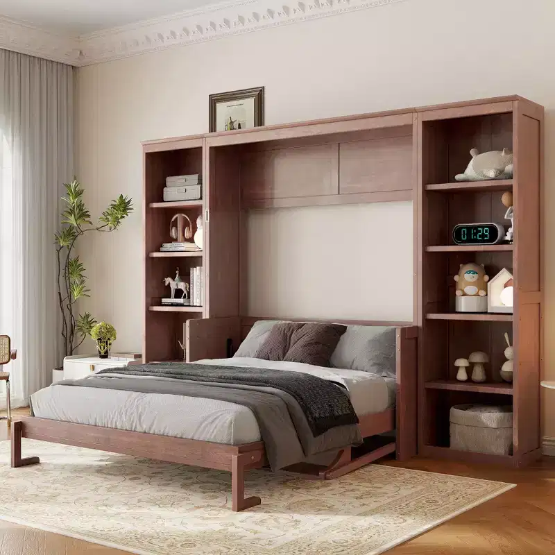 Full/Queen Size Murphy Bed Space-Saving Wall Bed with Desk and Bookshelf, Dark Brown - ModernLuxe