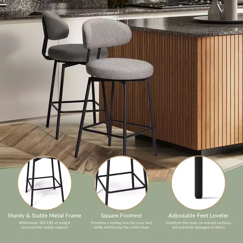 Modern Upholstered Faux Shearling Fabric Counter Height Bar Stools with Back (Set of 2