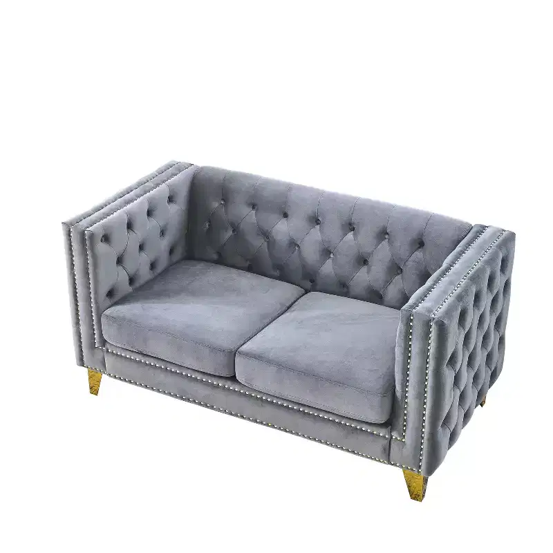 Button-Tufted Velvet 2-Seater Sofa with Square Arms & Metal Legs, Nailhead Trim