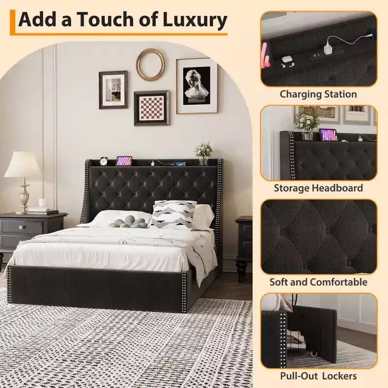 Bed Frame with 4 Storage Drawers, Bed Frame with Wing Back Headboard, Charging Station, Diamond Cluster Design, No Spring Box,