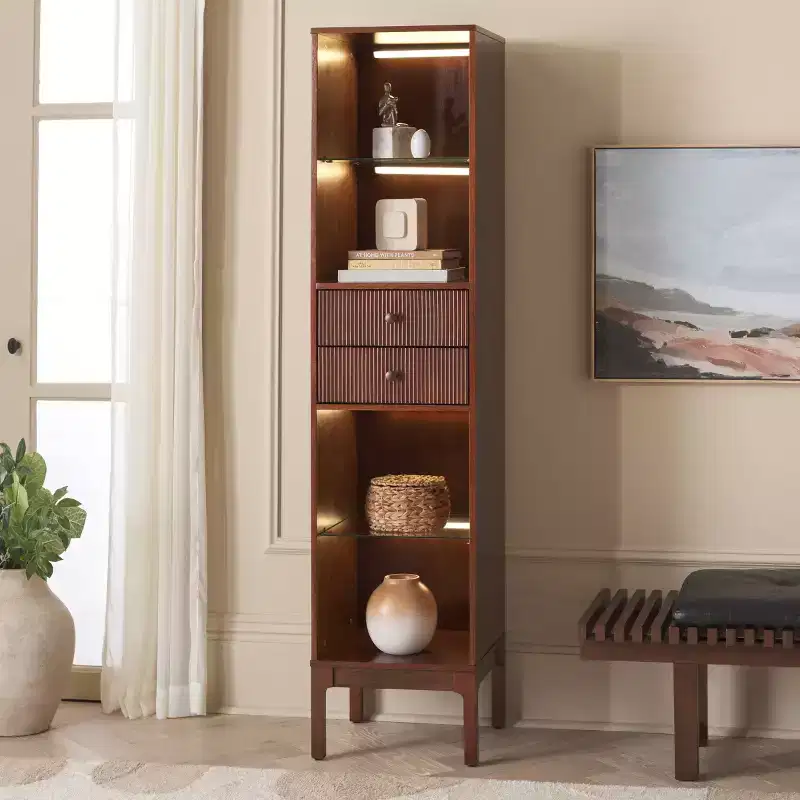 Curio Bookcase & Display Shelf, Walnut, Contemporary Vertical Storage with Drawer & Enclosed Shelves