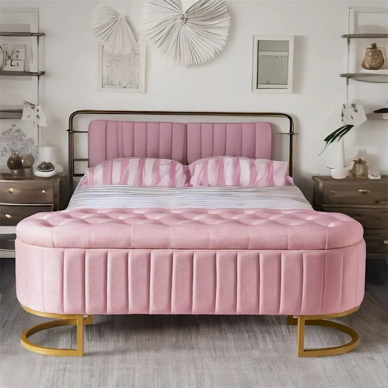 Velvet Storage Ottoman Bench with Button Tufting