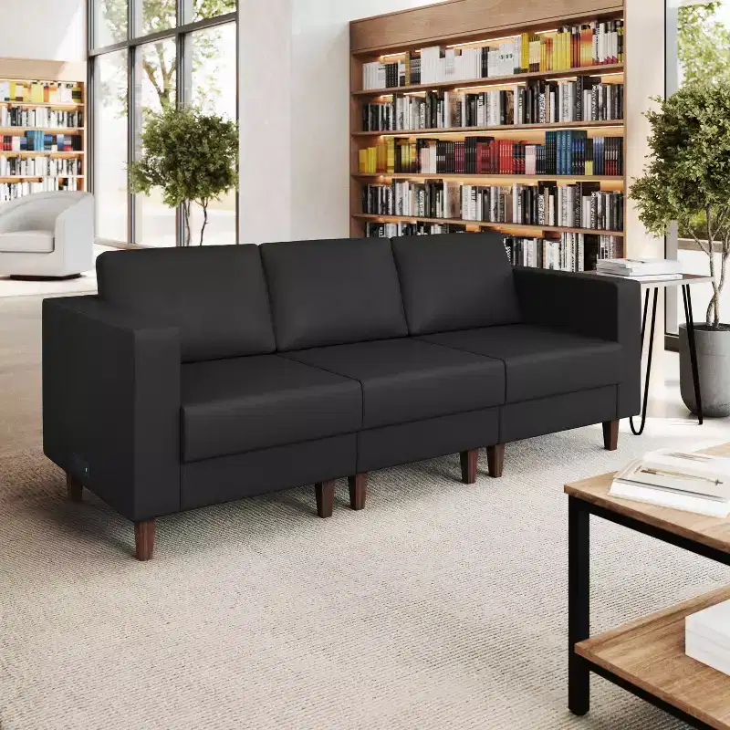 Flash Furniture HERCULES Artemis Upholstered Reception Sofa with 4 AC Outlets/2 USB/2 USB-C Ports and Wood Walnut Legs with Adjustable Floor Glides