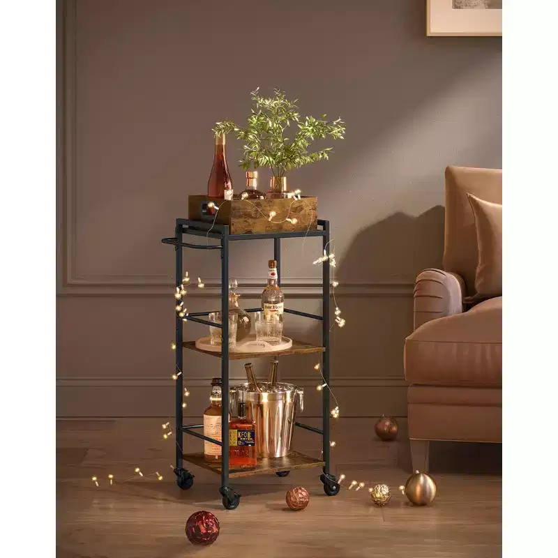 3-Tier Kitchen Serving Cart with Removable Tray, 11.8 x 13.7 x 33.9, Rustic Brown & Black, Wheels with Brakes & Leveling Feet.