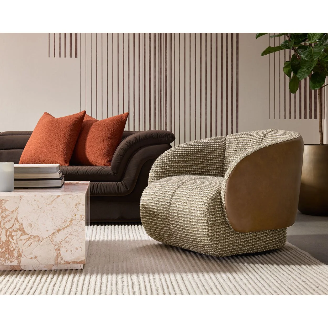 Sculptural Italian Bovine Leather & Fabric Swivel Lounge Chair with Upholstered Back for Living Room