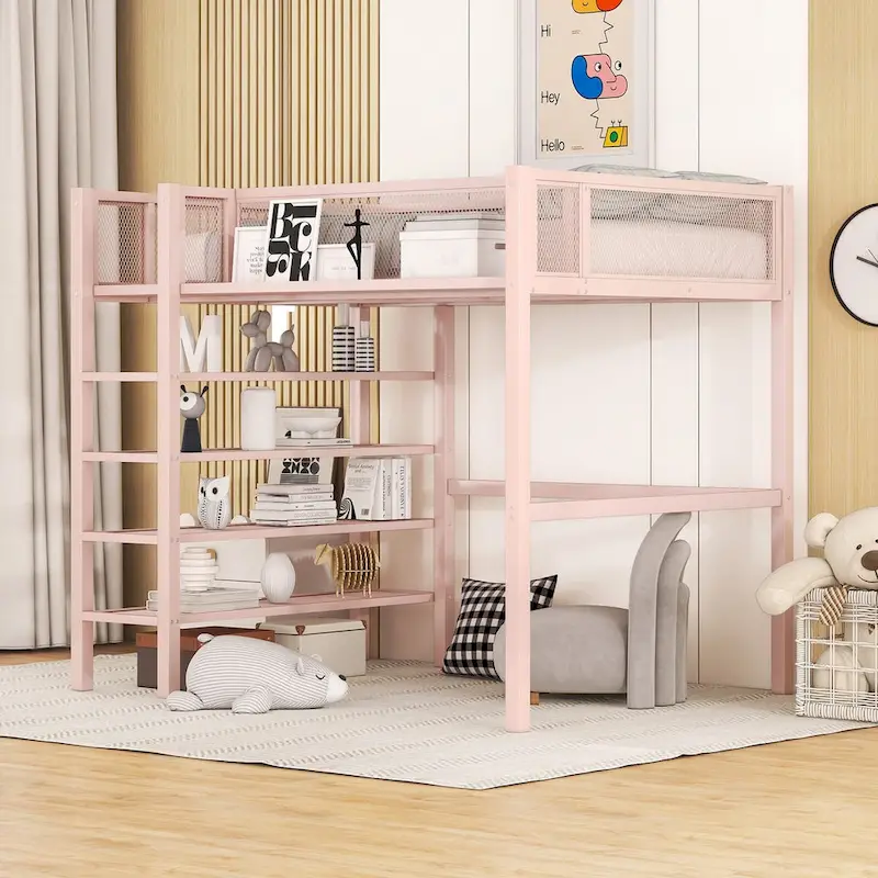 Twin Size Metal Loft Bed with 4-Tier Shelves and Storage, Twin Loft Bed Frame for Dorm, Boys & Girls, Teens