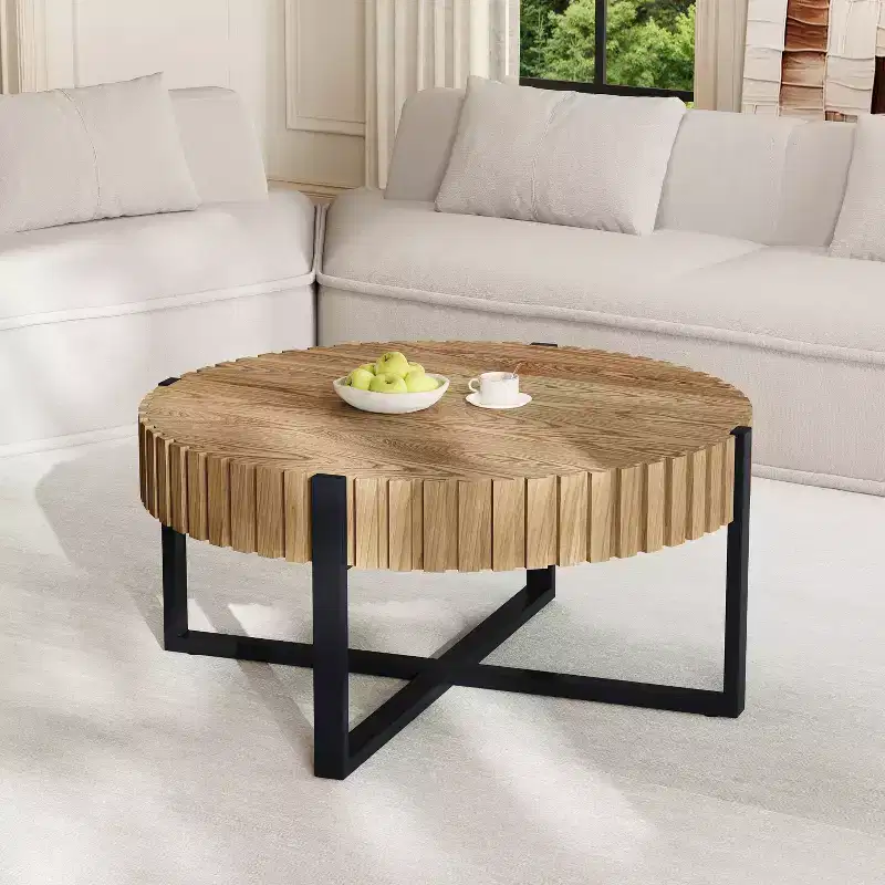 Industrial Round Drum Coffee Table, Gear-Inspired Design, MDF & Iron Base