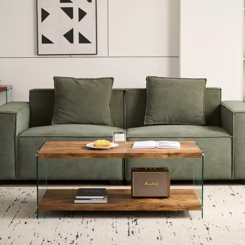 Modern Wood and Tempered Glass Coffee Table with Open Shelf