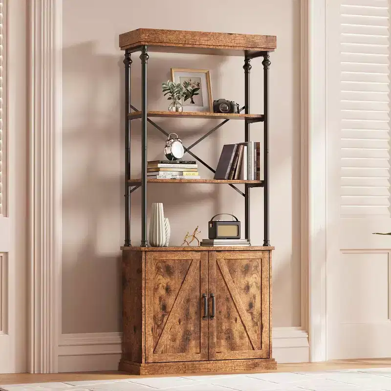 Bookcase with Doors, 74 Tall Wood & Metal Bookshelf with Storage Cabinet, Vintage Open Shelf