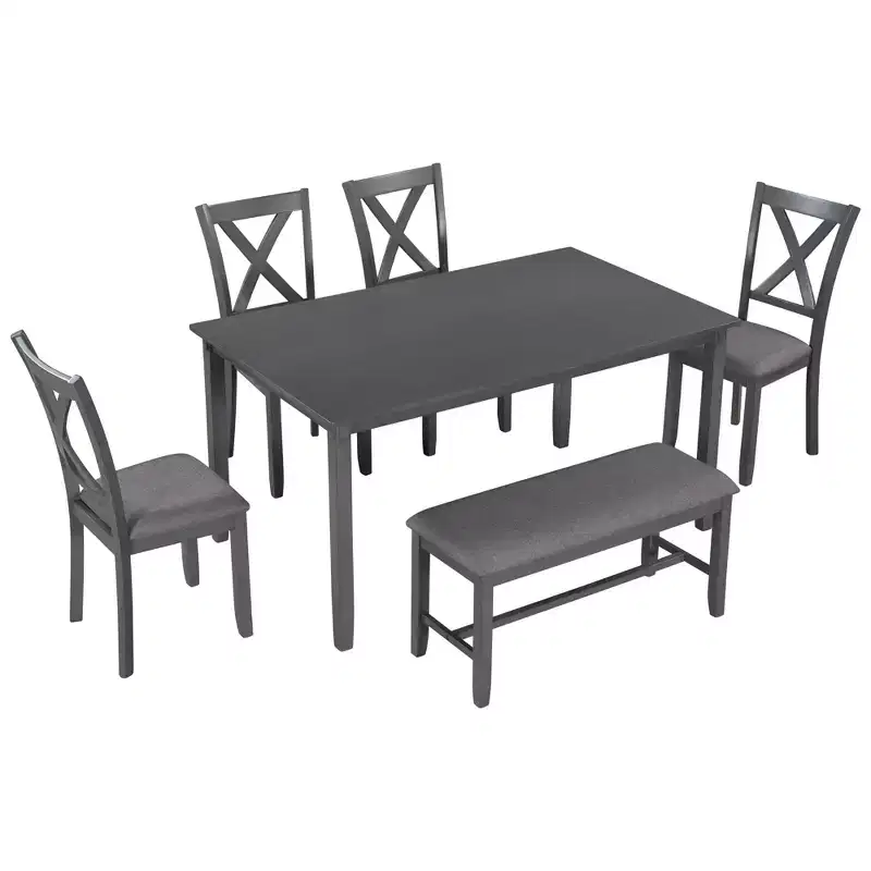 Whisen 6-Piece Wooden Rectangular Kitchen Dining Table Set with 4 Fabric Chairs and Bench