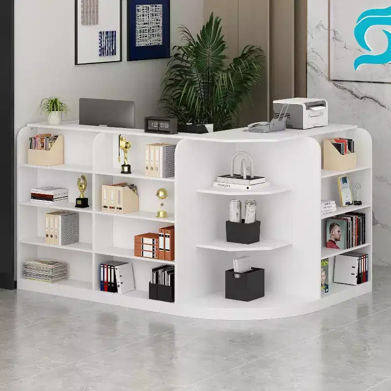 White Wood Reception Desk with Filing Cabinet for Office Efficiency