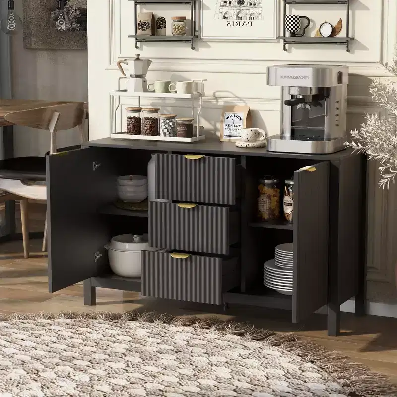 Sideboard with Wave Design - 3 Adjustable Shelves, 3 Drawers & Soft-Close Doors, Storage Console Table with Metal Handles