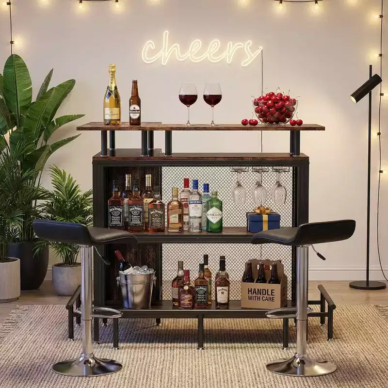 L-Shape Corner Home Bar Cabinet, Metal & E1 MDF Liquor Storage with 12 Wine Glass Racks & Footrest, Metal Mesh Bottle Guard