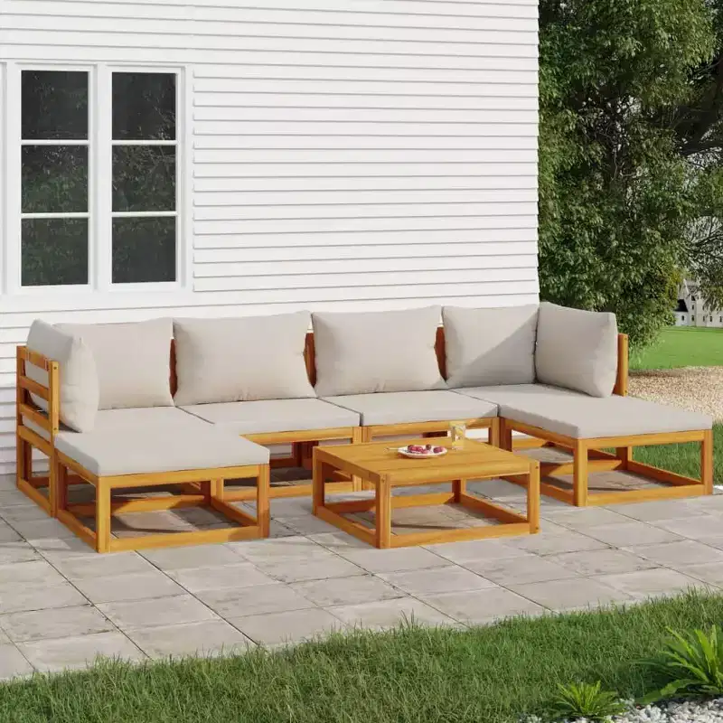 vidaXL - 7 Piece Outdoor Patio Furniture Set - Light Gray Cushions, Solid Acacia Wood, Modular Design - Lounge Sofa, Coffee Table