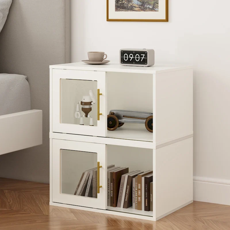 24-Cube Storage Organizer with Sliding Door – Beige, Wood Finish, Open Bookcase