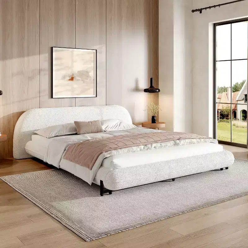 Queen/King Size Upholstered Platform Bed Frame with Thick Padded Headboard, Solid Wood Leg & Curve Design, White - ModernLuxe