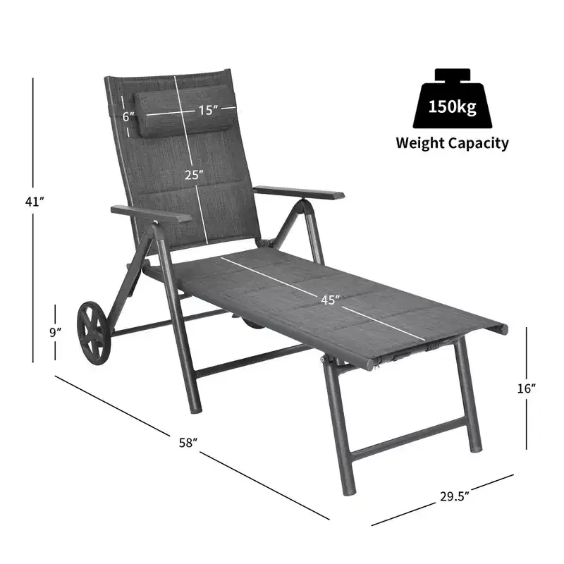 Costway Patio Reclining Chaise Lounge Padded Chair Aluminum Adjust Neck Pillow