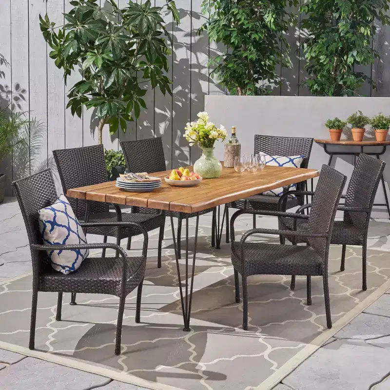 GDFStudio Dalupiri Outdoor Wicker and Acacia Wood 7 Piece Dining Set