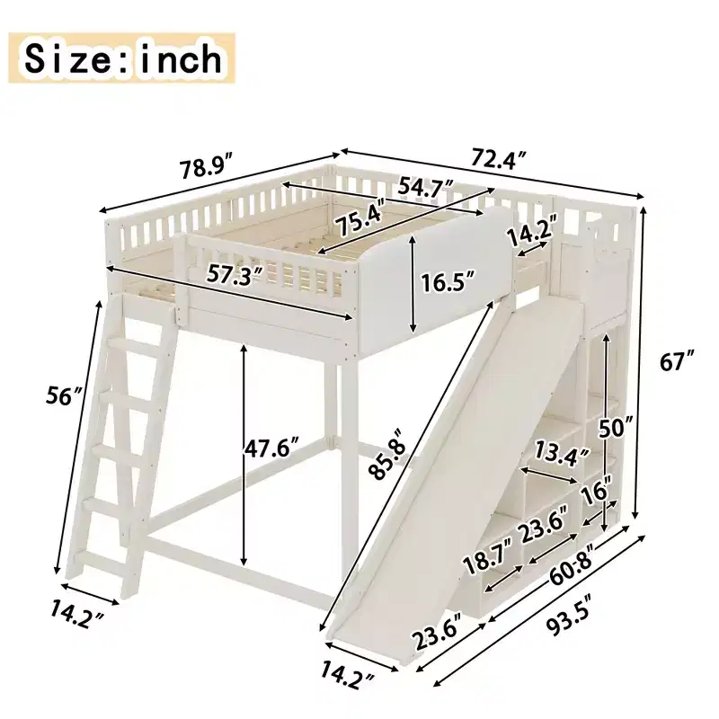 Bellemave Loft Bed with Upholstered Headboard and Storage Shelves,Solid Wood Loft Bed Frame with Ladder and Slide for Kids