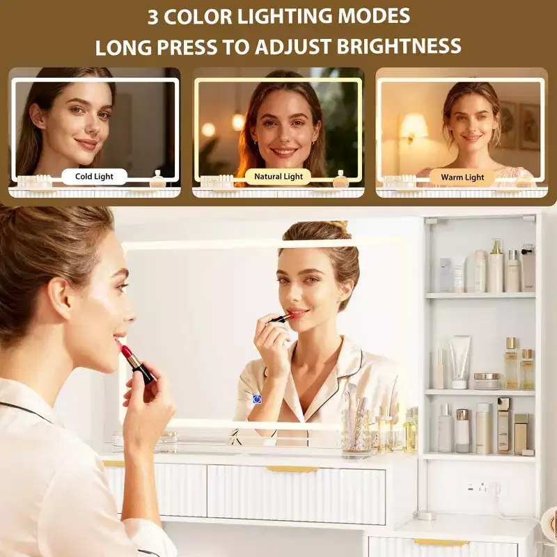 Makeup Vanity Desk with Lights, 48 Fluted Vanity with Glass Top and 36 HD Lighted Mirror, Dressing Table with 5 Drawers 3-Tier Shelves, White