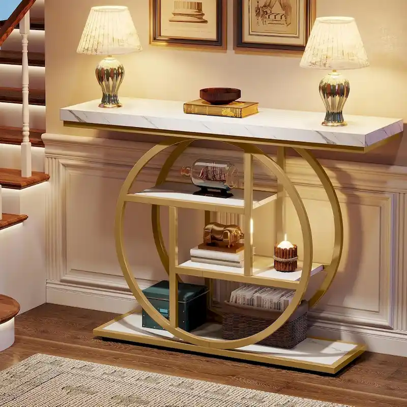Industrial 4-Tier Sofa Table Entryway Table with Circle Base